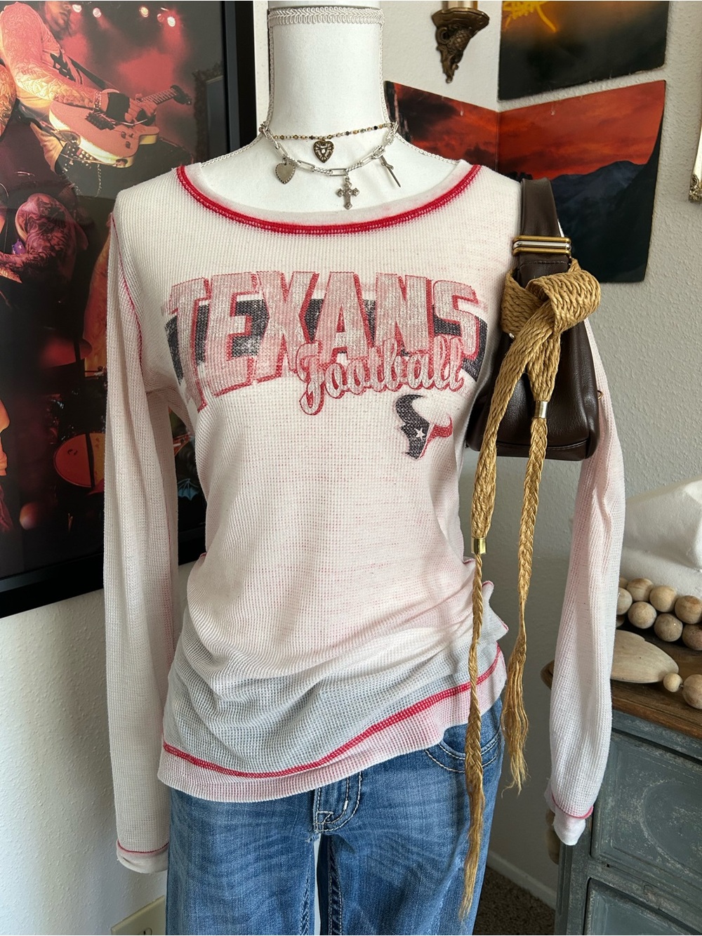 Texans Apparel Womens Size S Vintage Long Sleeve Thermal Sheer Waffle Knit NFL